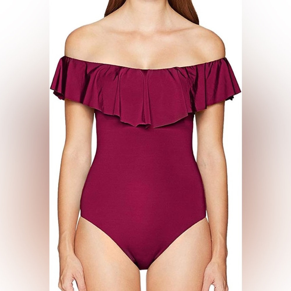Trina Turk off shoulder one piece swimsuit merlot